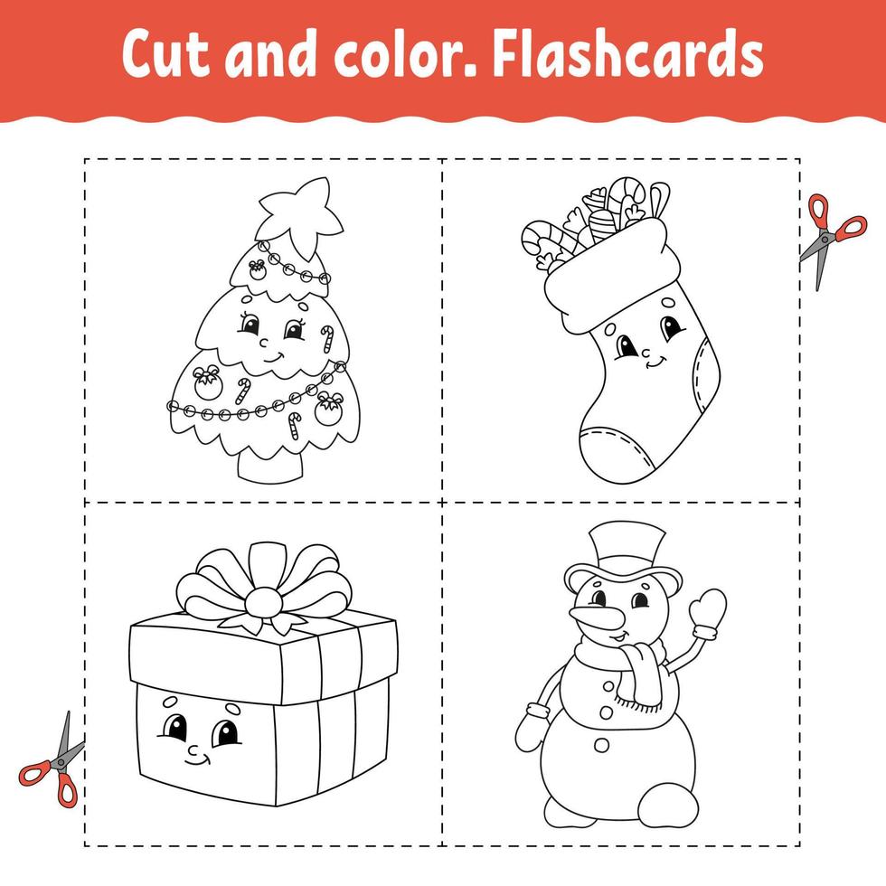 cortar y colorear. conjunto de tarjetas flash. libro para colorear para niños. lindo personaje de dibujos animados. silueta de contorno negro. tema de navidad aislado sobre fondo blanco. vector