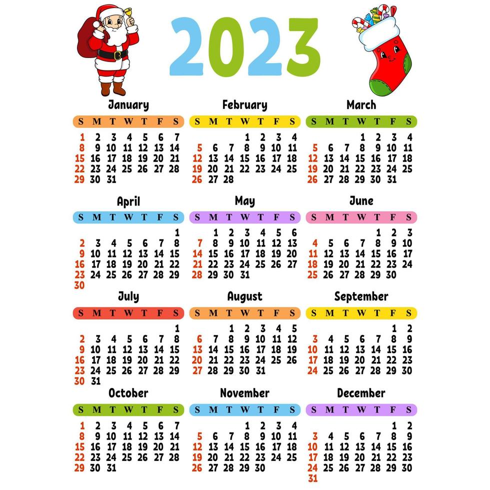 Calendar for 2023 with a cute character. Fun and bright design. Cartoon style. Vector illustration.