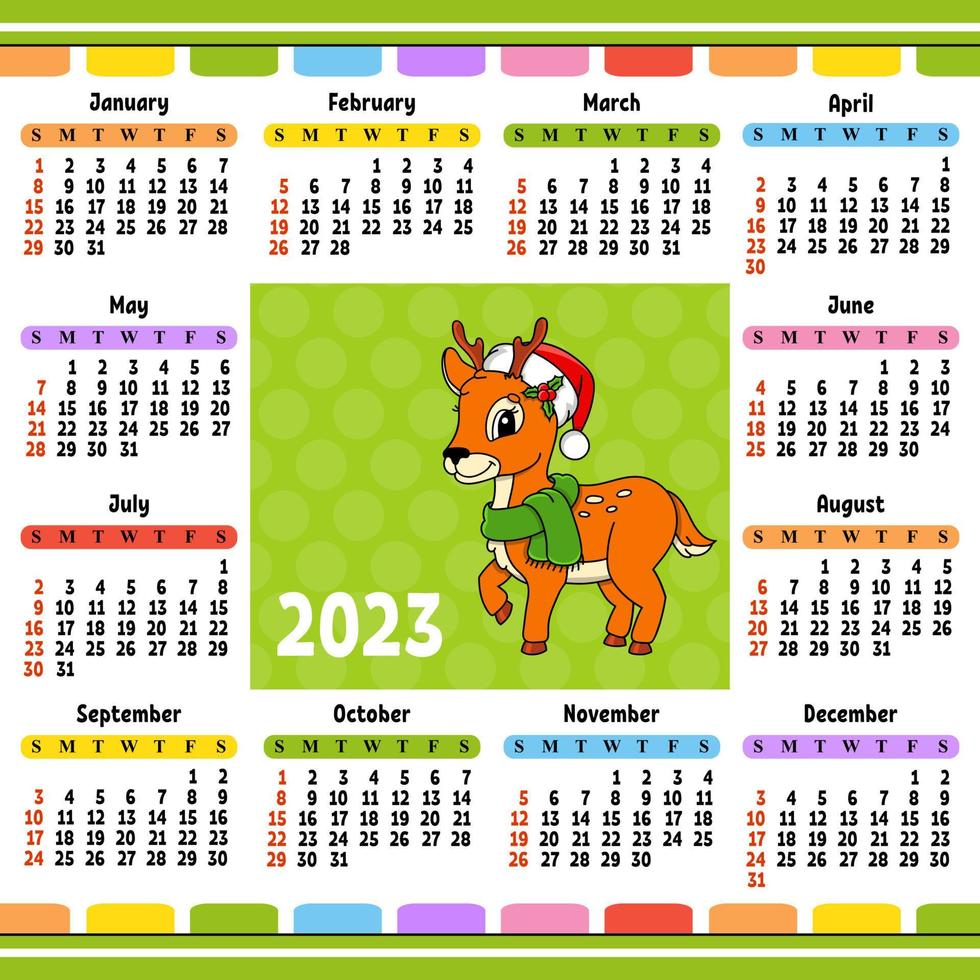 calendario para 2023 con un lindo personaje. diseño divertido y brillante. estilo de dibujos animados ilustración vectorial vector