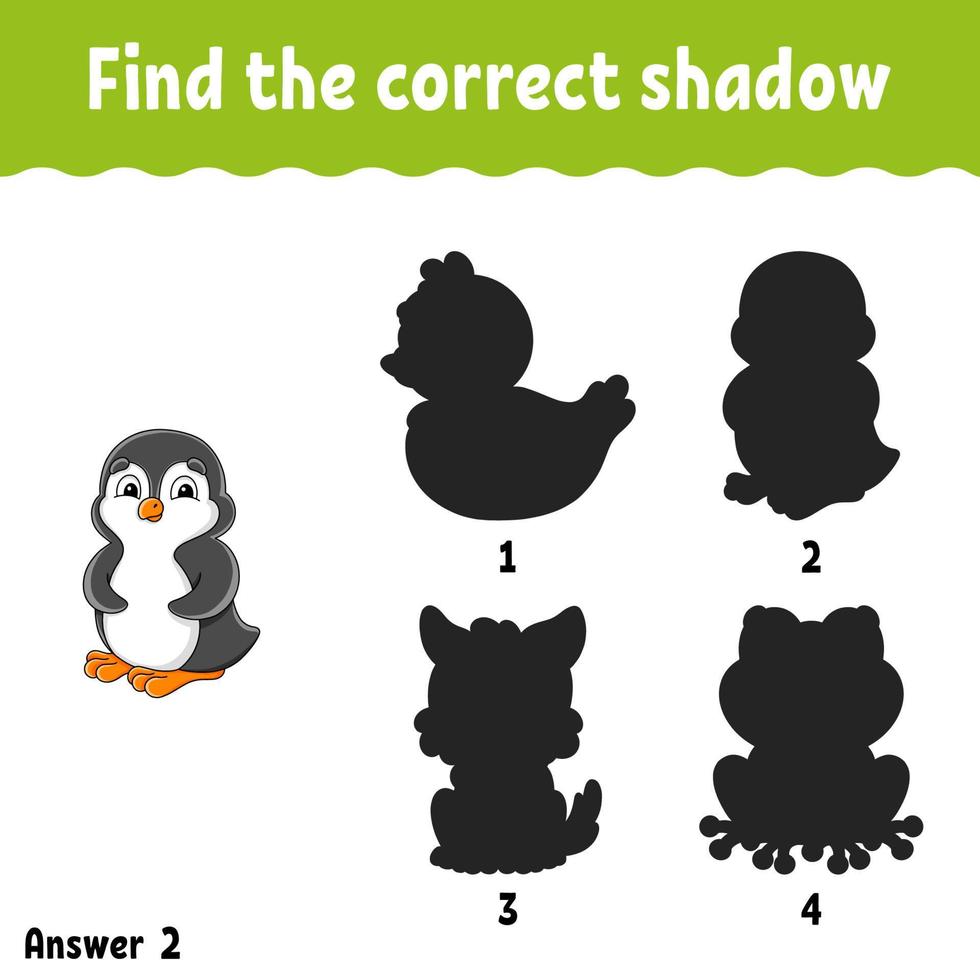 Find the correct shadow. Education developing worksheet. Matching game for kids. Activity page. Puzzle for children. cartoon character. Vector illustration.