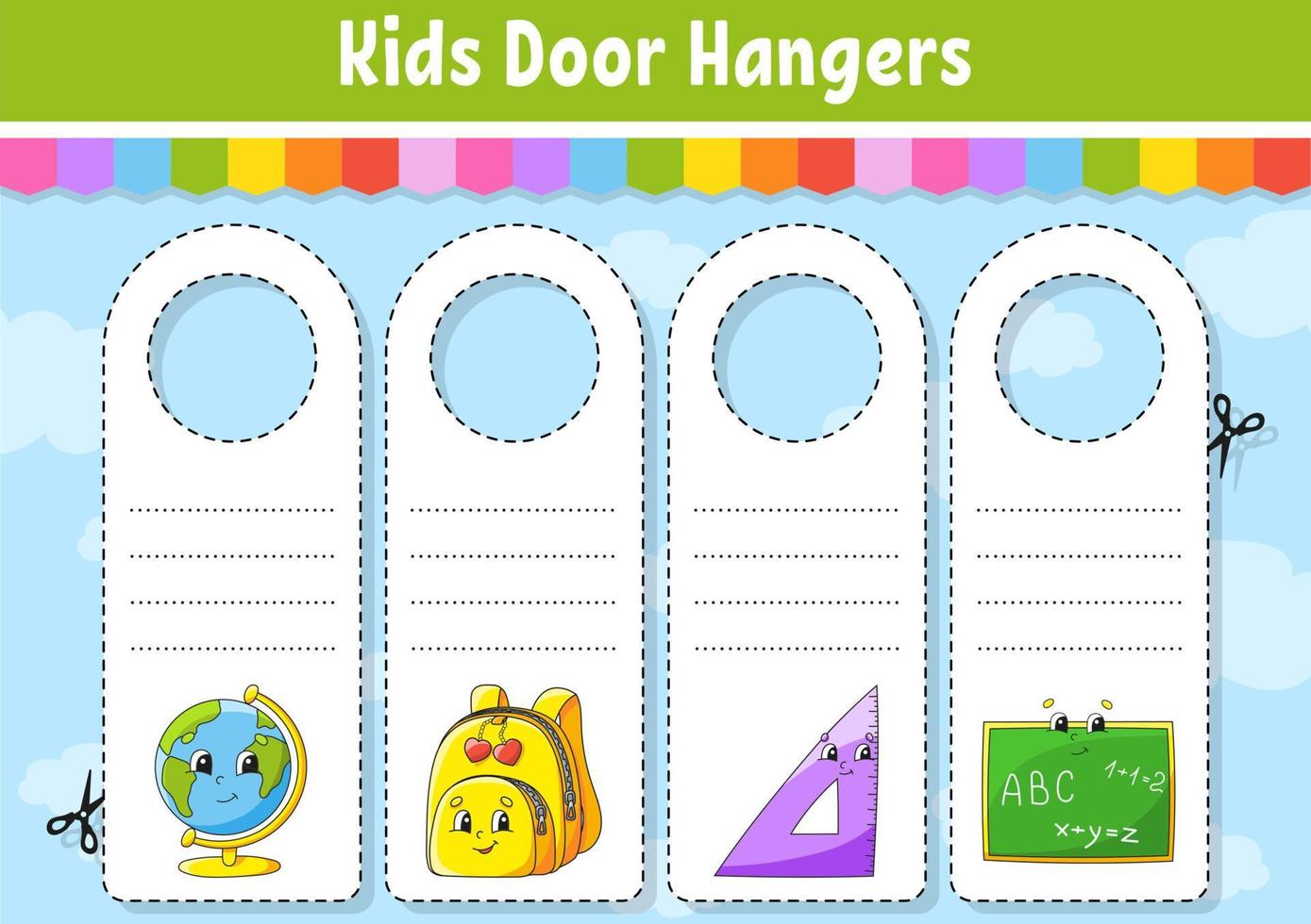 Door hangers. Cute cartoon characters. Sign printable. Kids style. On doorknobs. Tag template. Back to school theme. Vector illustration.