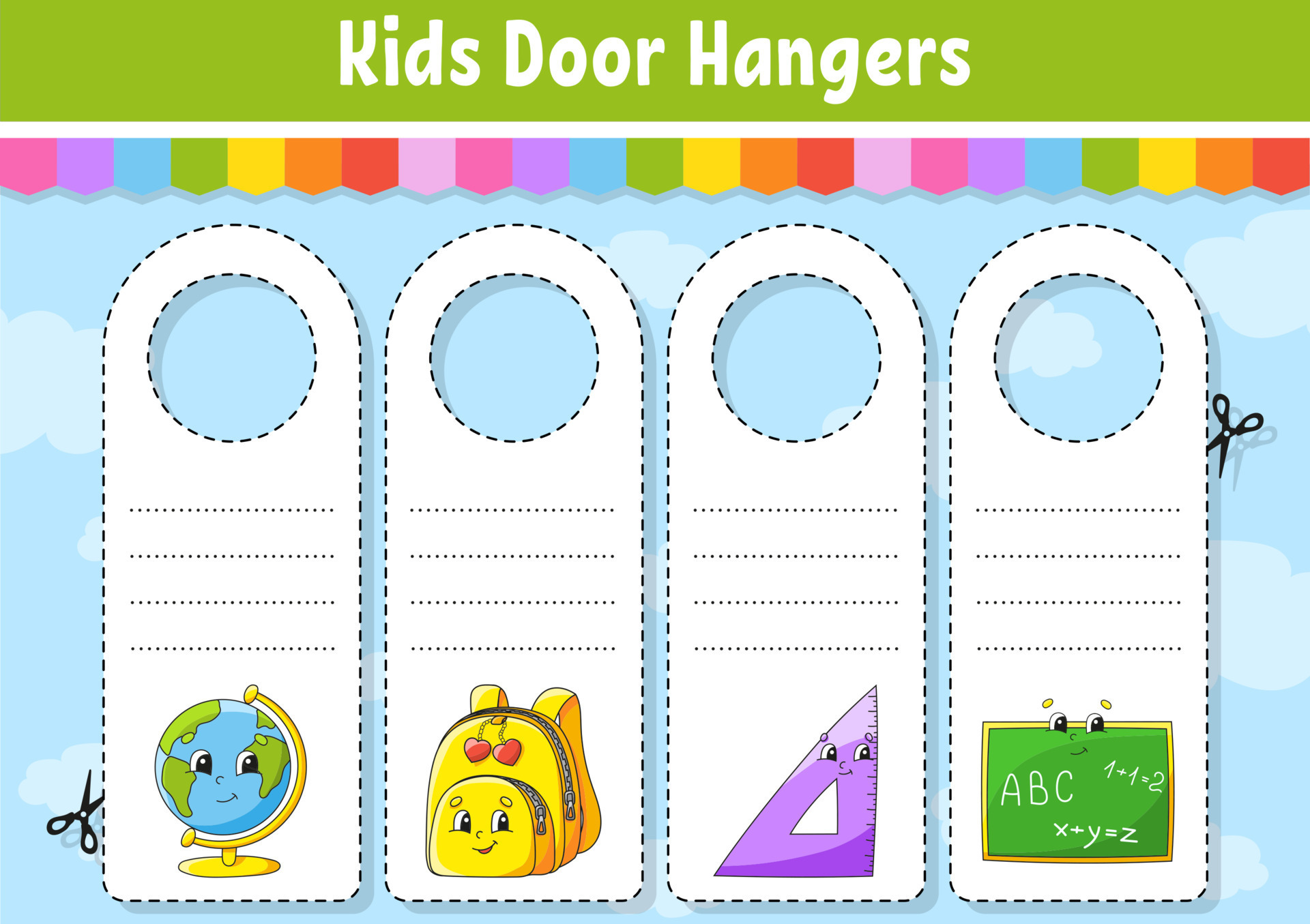 Door hangers. Cute cartoon characters. Sign printable. Kids style. On