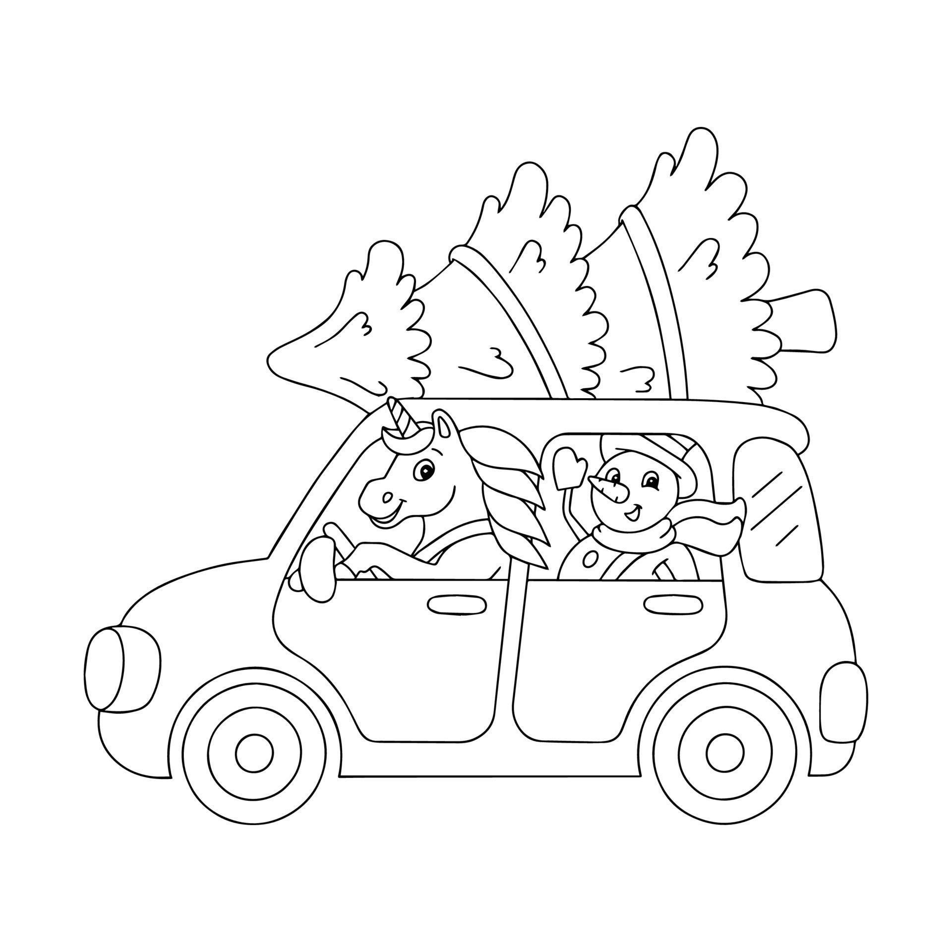 Coloring book page for kids. The snowman and the unicorn ride in the