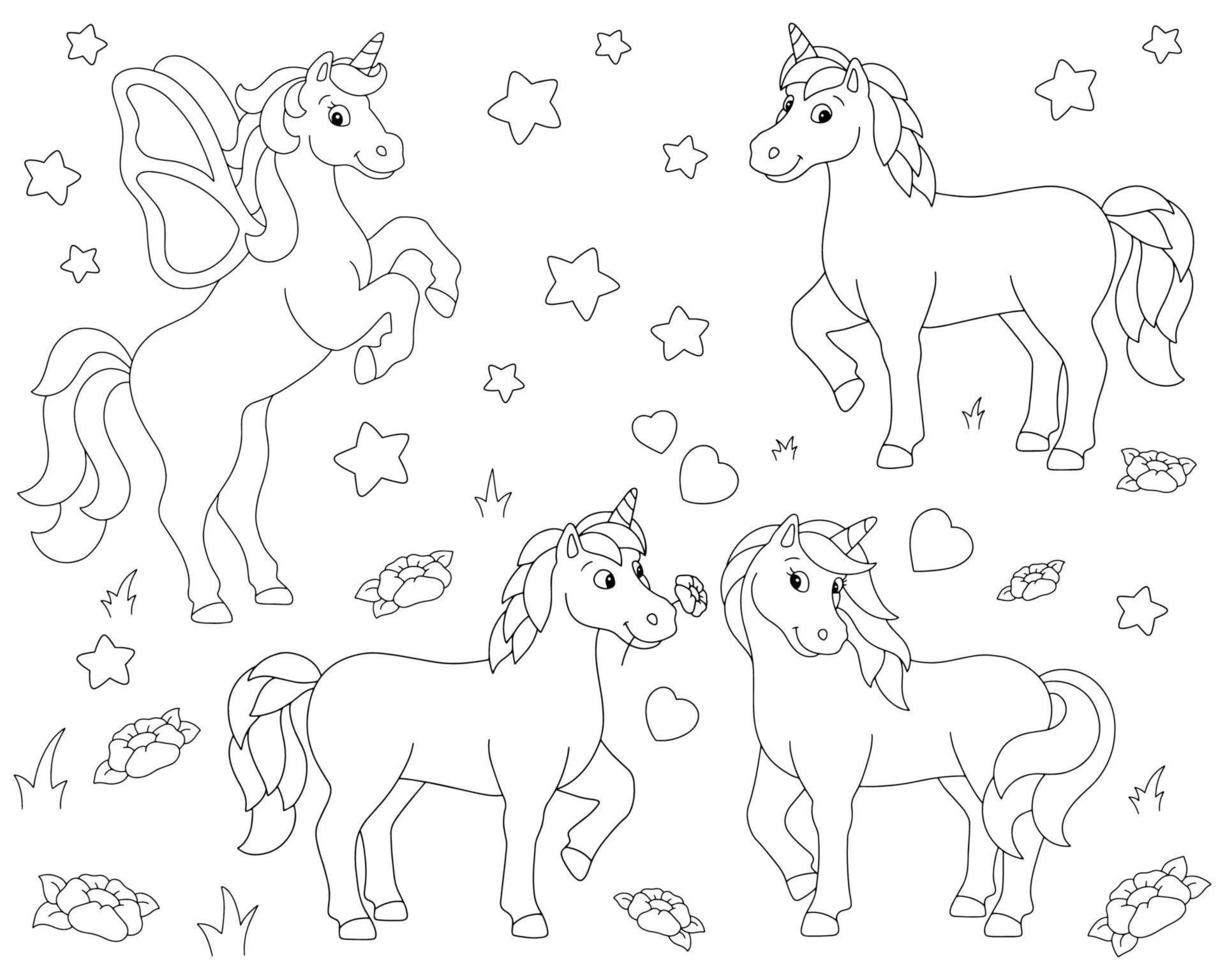 amando lindos unicornios. página de libro para colorear para niños. día de San Valentín. personaje de estilo de dibujos animados. ilustración vectorial aislado sobre fondo blanco. vector