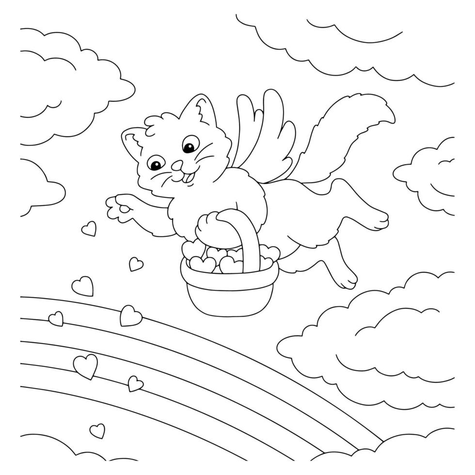 Cupid cat scatters hearts. Coloring book page for kids. Valentine's Day. Cartoon style character. Vector illustration isolated on white background.