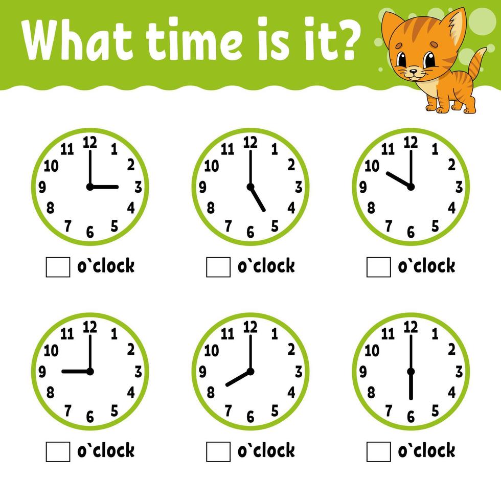 tiempo de aprendizaje en el reloj. hoja de trabajo de actividad educativa para niños y niños pequeños. juego para niños. ilustración de vector de color plano aislado simple en estilo de dibujos animados lindo. ilustración vectorial