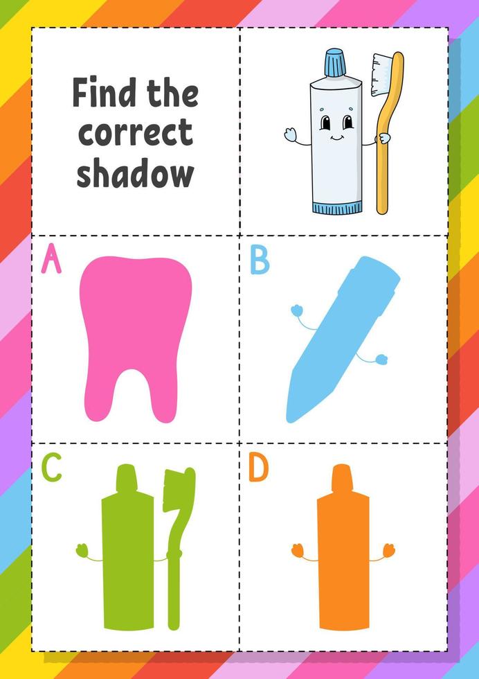 Find the correct shadow. Education developing worksheet for kids. Puzzle game. Activity page. cartoon character. Vector illustration.