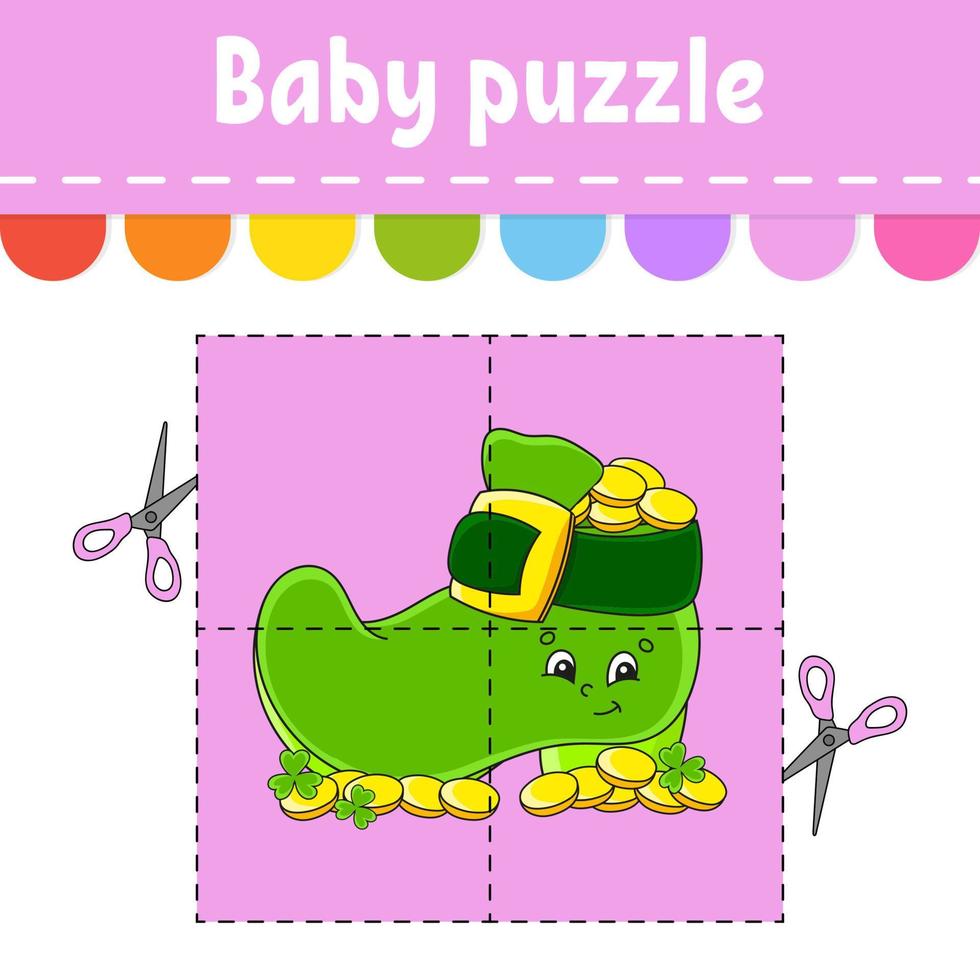 Baby puzzle. Easy level. Flash cards. Cut and play. Color activity worksheet. Game for children. cartoon character. Vector illustration.