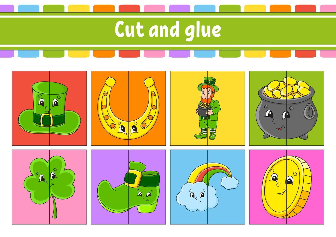 Cut and play. Paper game with glue. Flash cards. Education worksheet. Activity page. St. Patrick's Day. Isolated vector illustration. cartoon style.