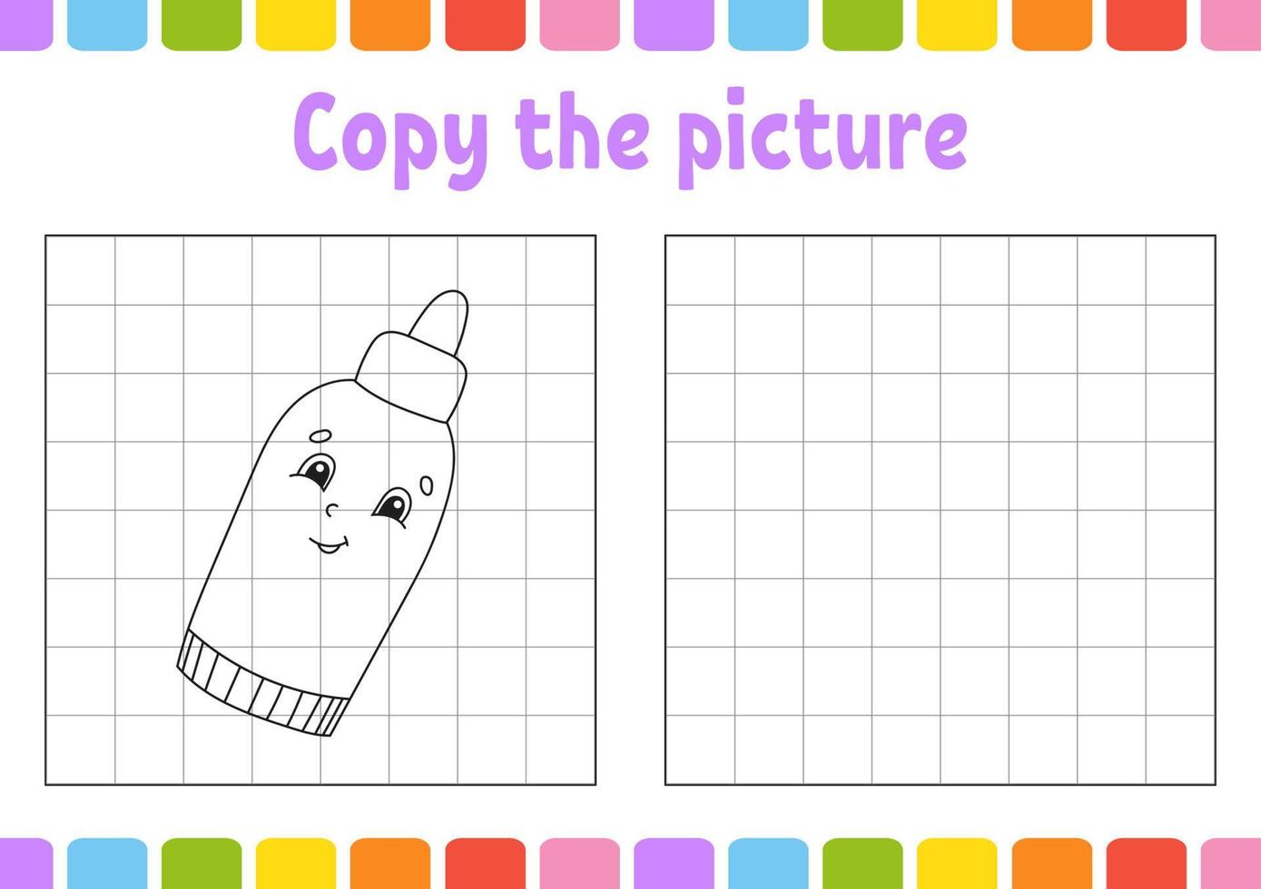 Copy the picture. Coloring book pages for kids. Education developing worksheet. Game for children. Handwriting practice. Funny character. Cute cartoon vector illustration.