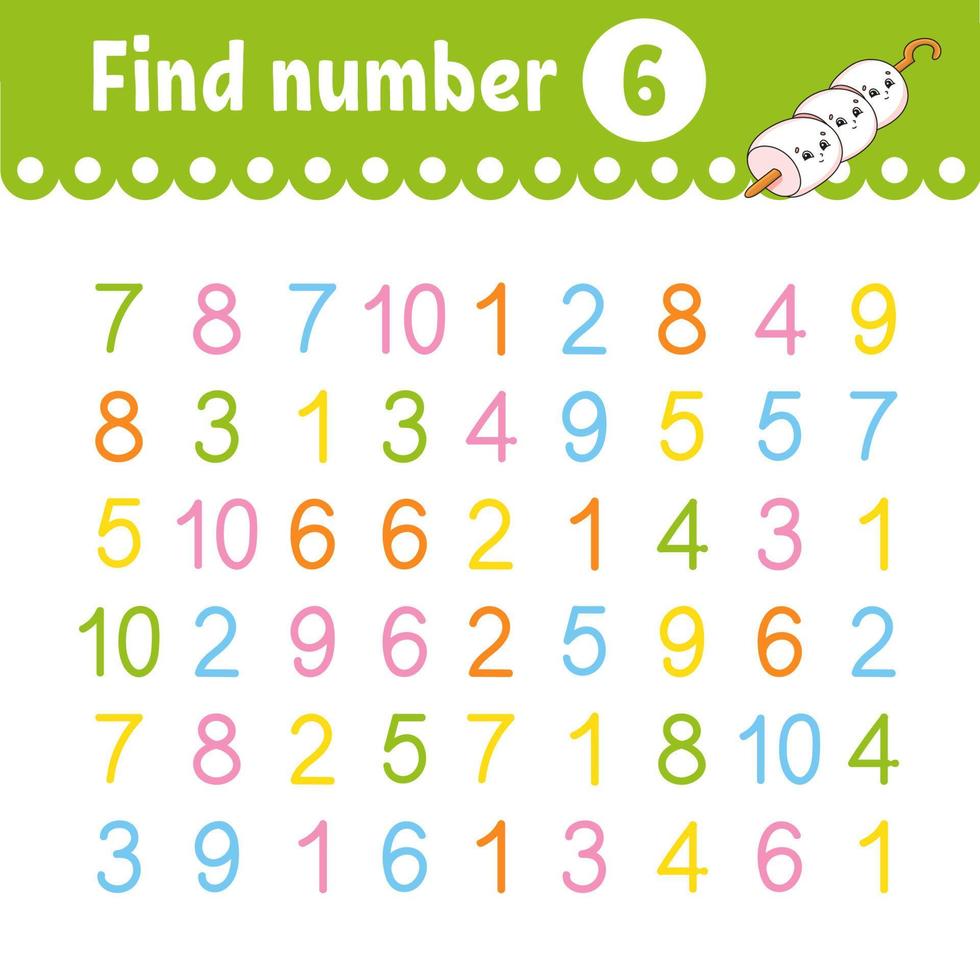 Find number. Education developing worksheet. Activity page with pictures. Game for children. Funny character. cartoon style. Vector illustration.