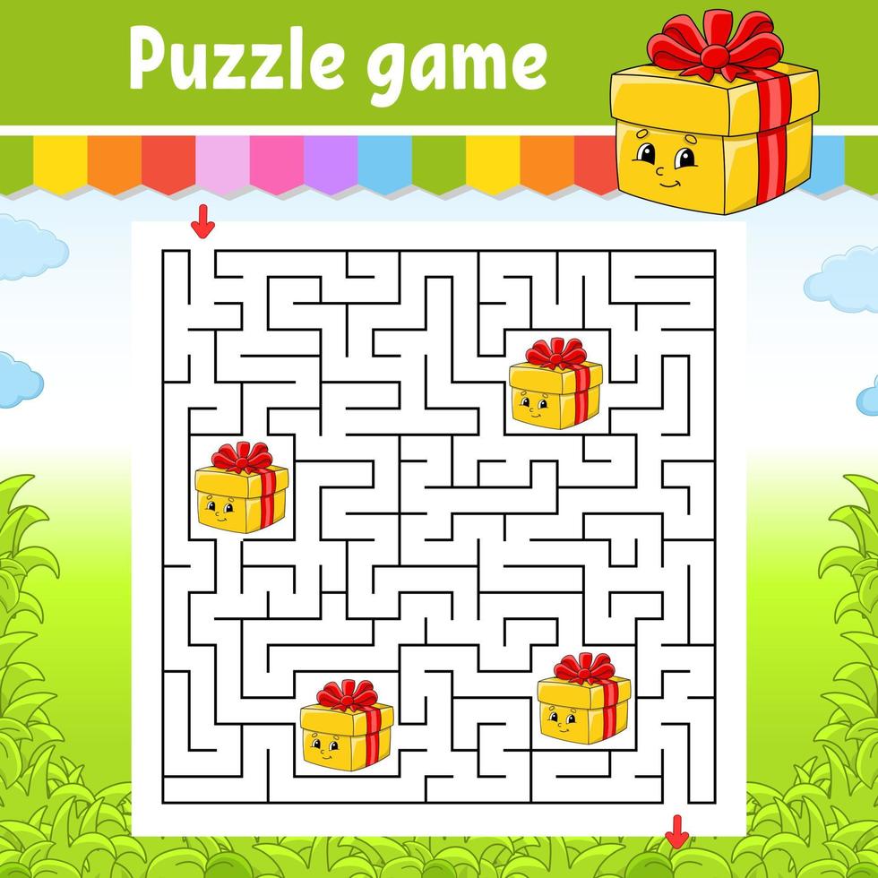 Square maze. Game for kids. Puzzle for children. Labyrinth conundrum. Find the right path. Cartoon character. Vector illustration.