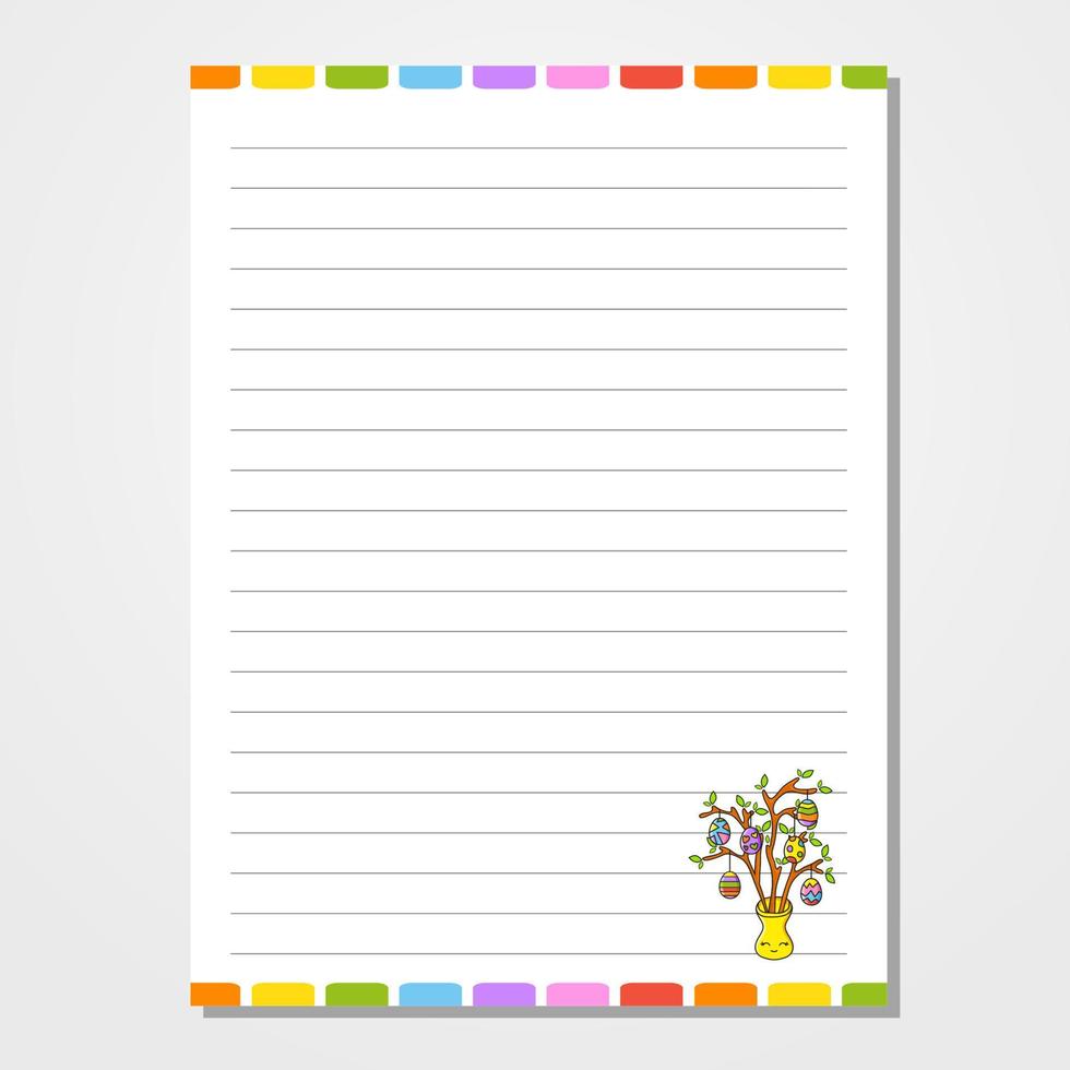 Sheet template for notebook, notepad, diary. Lined paper. Cute character. Easter theme. Isolated vector illustration. cartoon style.