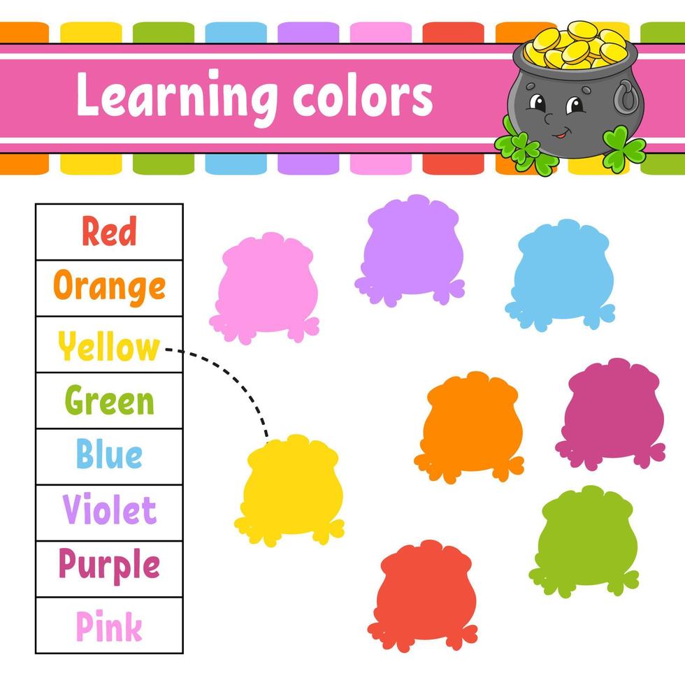 Learning colors. Education developing worksheet. Activity page with pictures. Game for children. Funny character. cartoon style. Vector illustration.