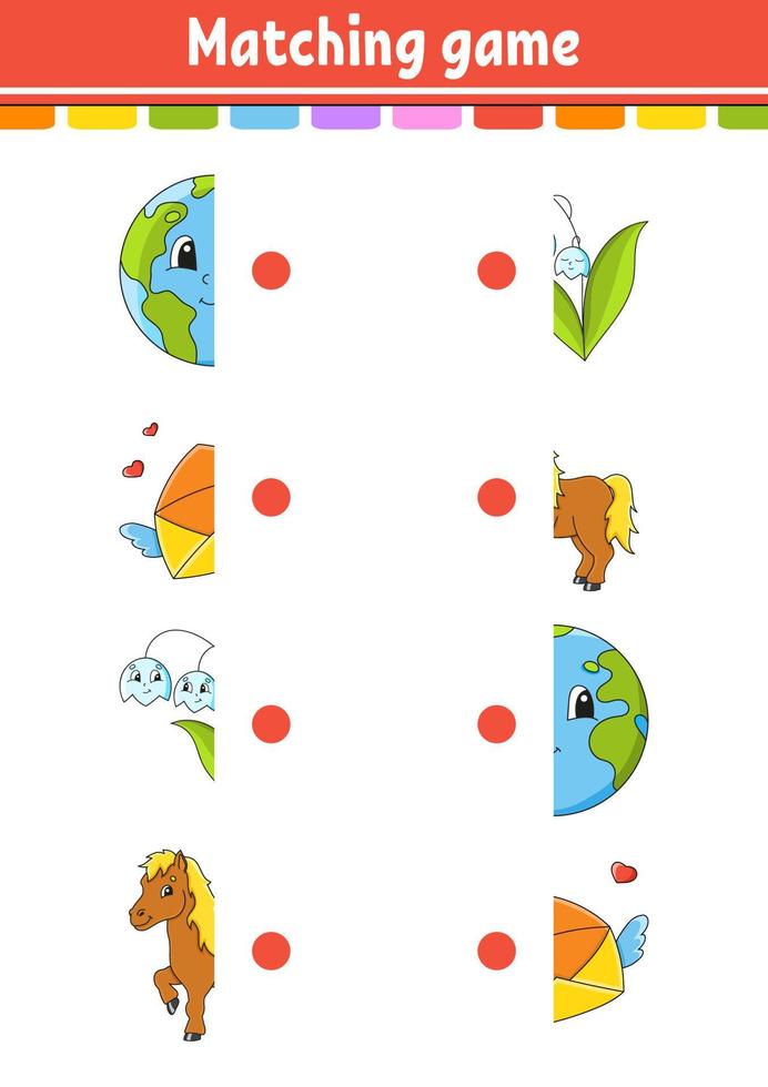 Matching game. Draw a line. Education developing worksheet. Activity page with color pictures. Riddle for children. Cute character. Cartoon style. Vector illustration.