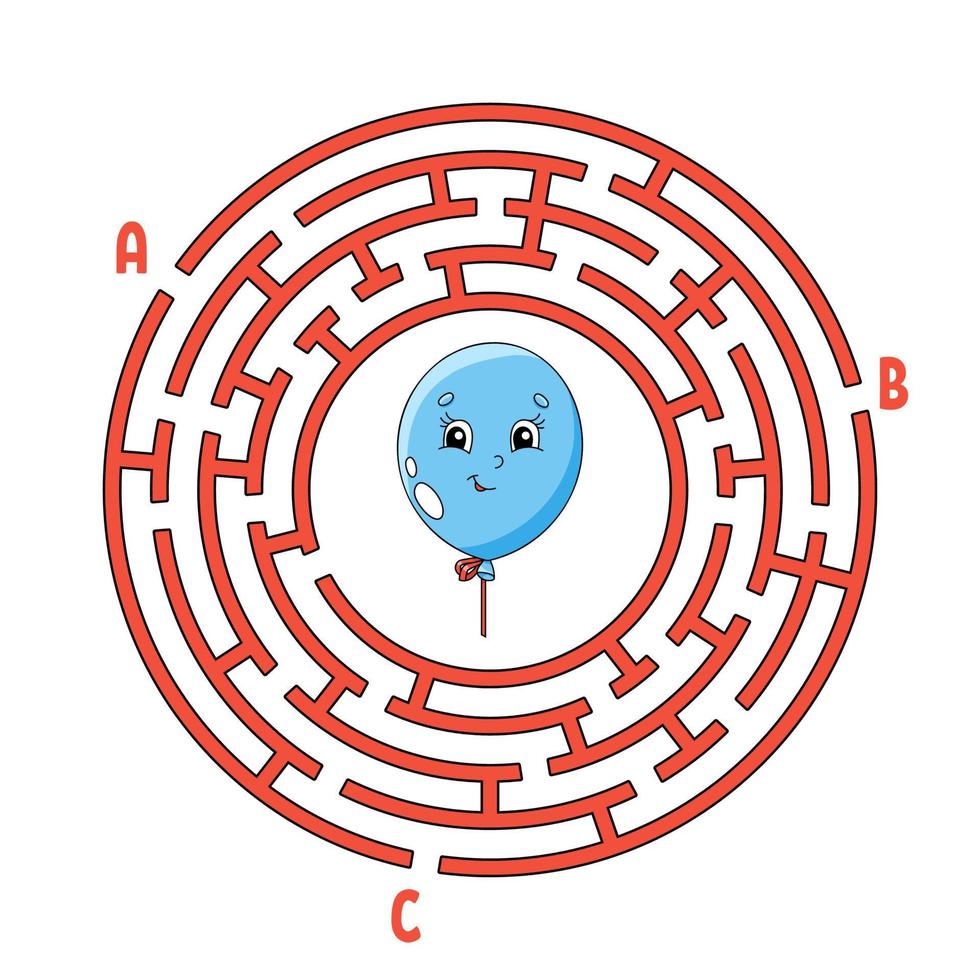 Circle maze. Game for kids. Puzzle for children. Round labyrinth conundrum. Find the right path. Birthday theme. Vector illustration.