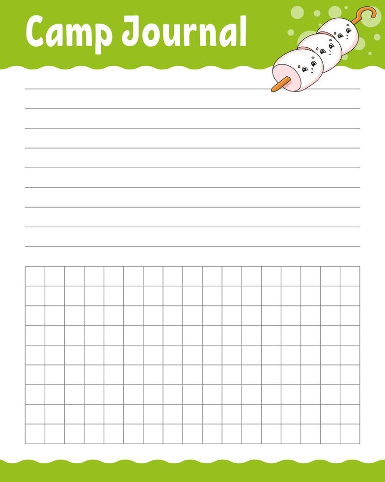 Lined sheet template for camp journal. Handwriting paper. For diary, planner, checklist, wish list. With cute character. Vector illustration.