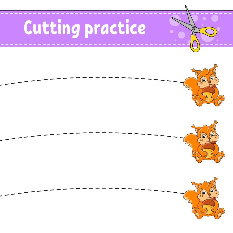 Cutting practice for kids. Education developing worksheet. Activity page. Color game for children. Vector illustration.