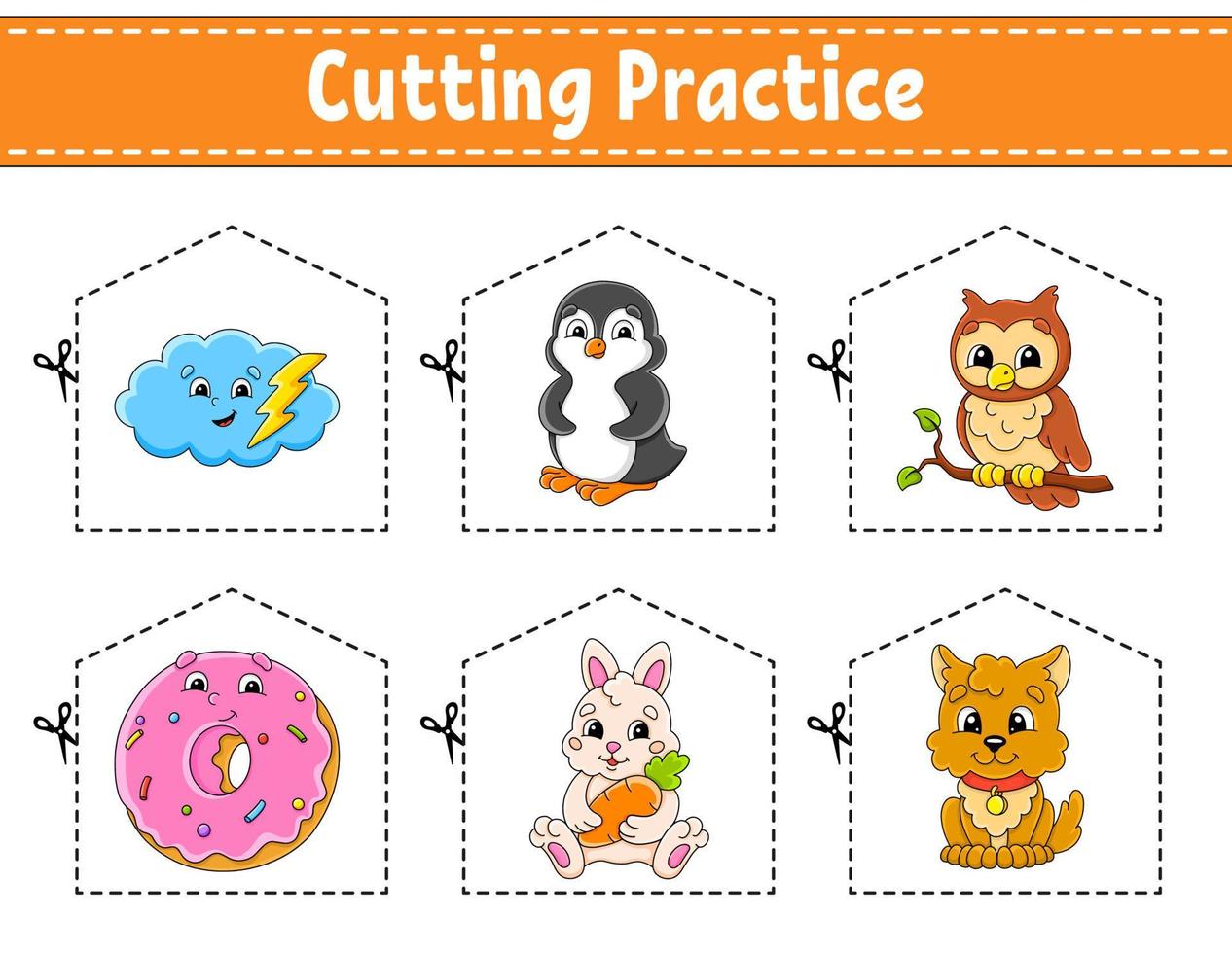 Cutting practice for kids. Education developing worksheet. Activity page. Vector illustration.