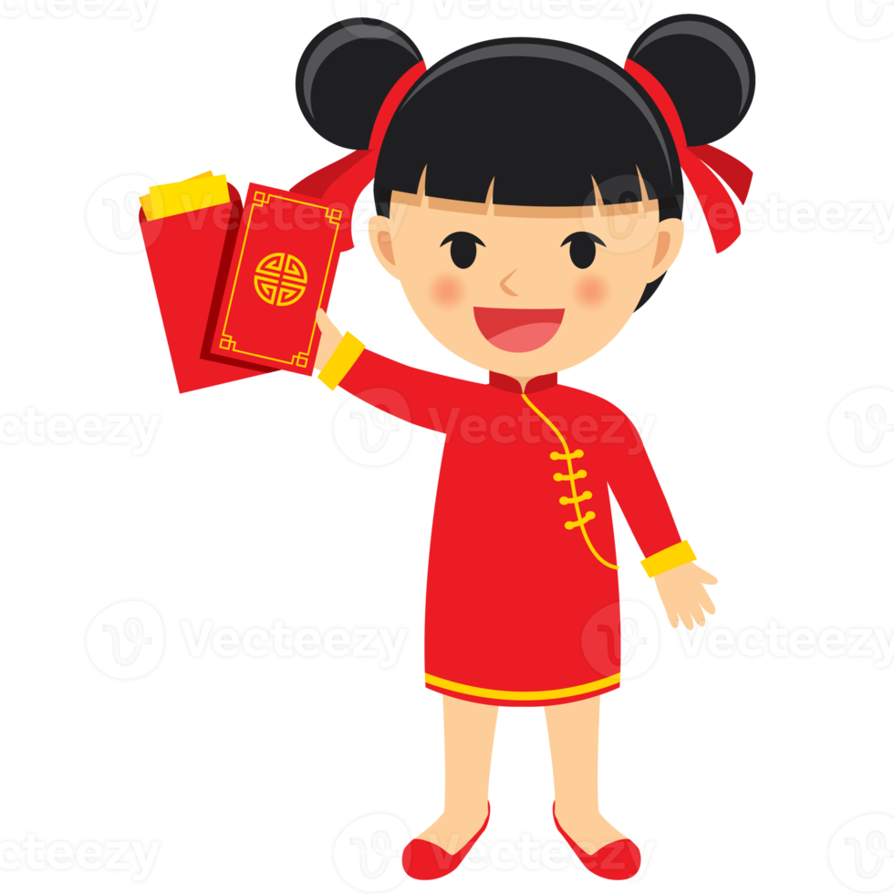 Happy chinese new year girl cartoon character in traditional clothes celebrate png