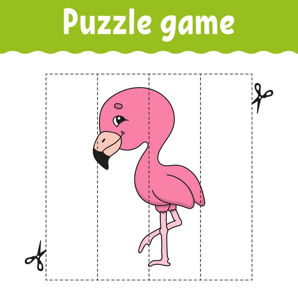 Puzzle game for kids. Cutting practice. Education developing worksheet. Activity page. cartoon character. Vector illustration.