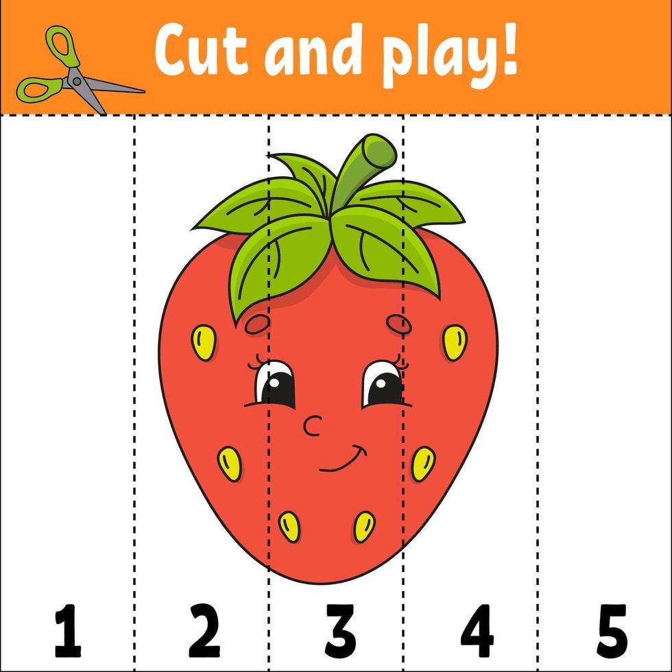 Learning numbers 1-5. Cut and play. Education worksheet. Game for kids. Color activity page. Puzzle for children. Riddle for preschool. Cartoon style. Vector illustration.