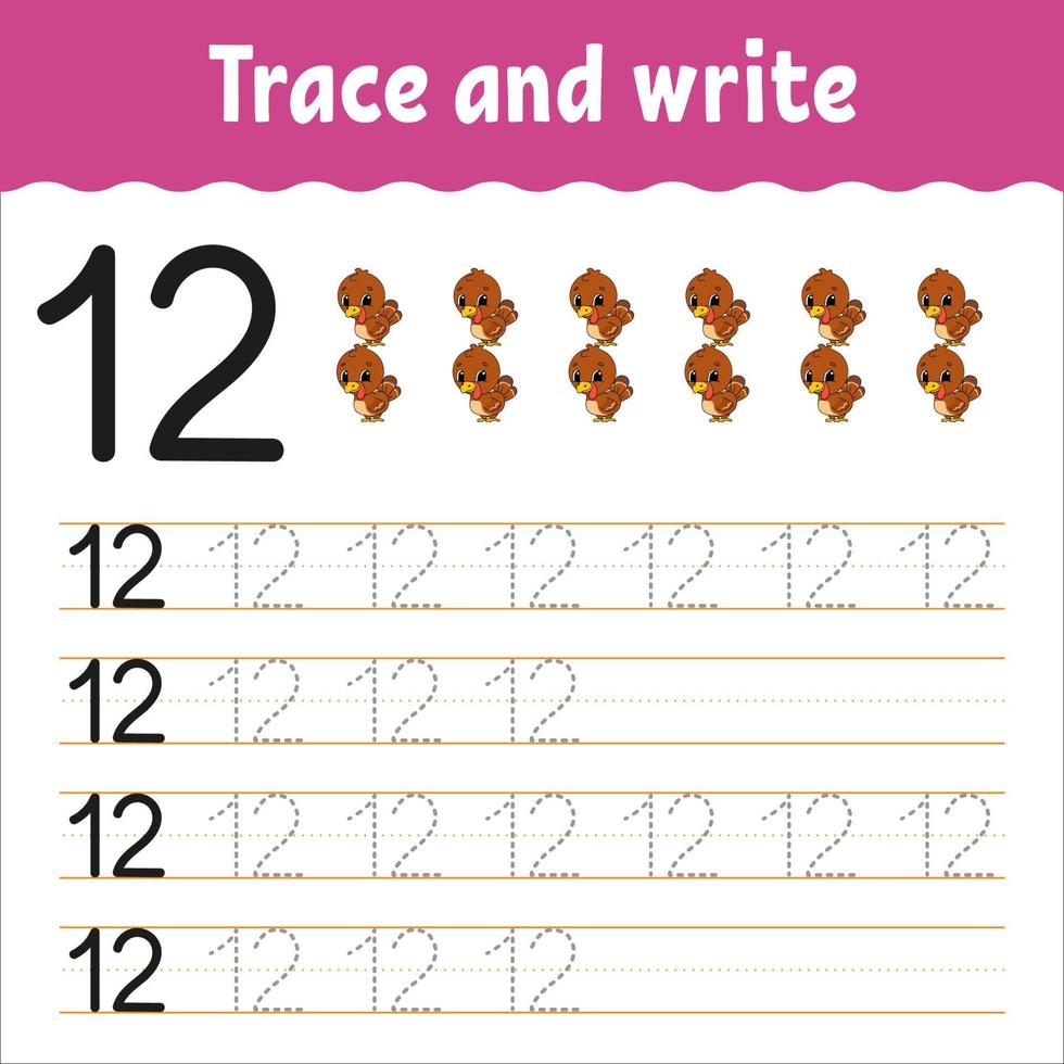 Learn Numbers. Trace and write. Handwriting practice. Learning numbers for kids. Education developing worksheet. Color activity page. Vector illustration.