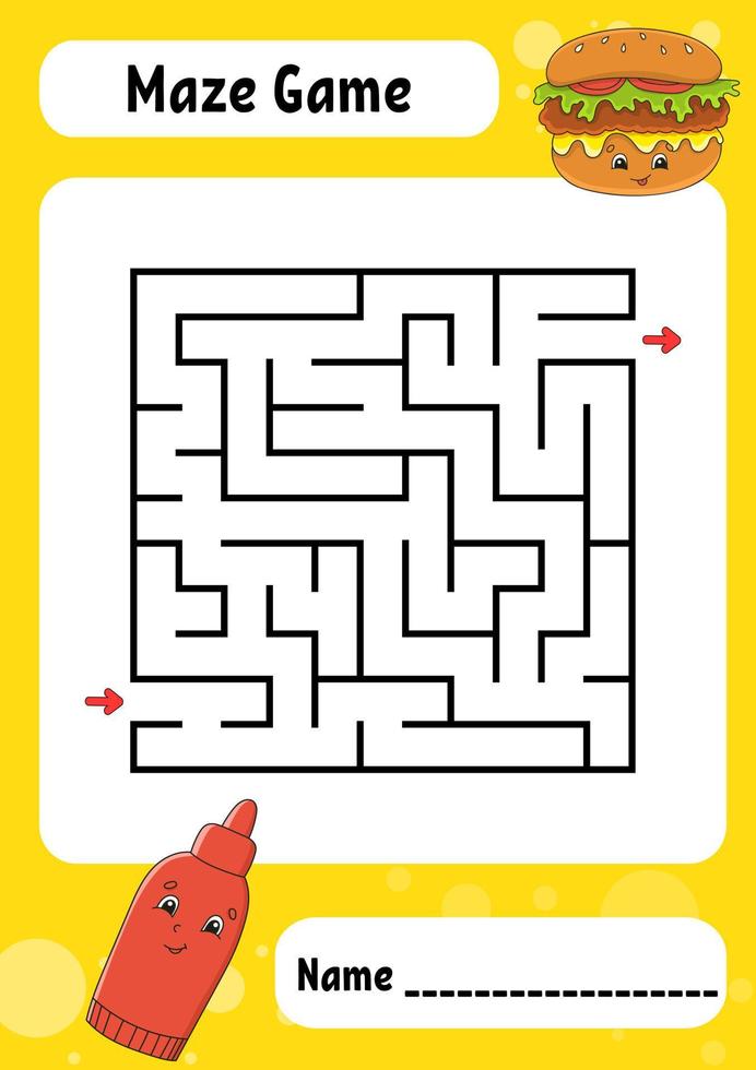 Square maze. Game for kids. Funny labyrinth. Education developing worksheet. Activity page. Puzzle for children. cartoon style. Riddle for preschool. Logical conundrum. Color vector illustration.