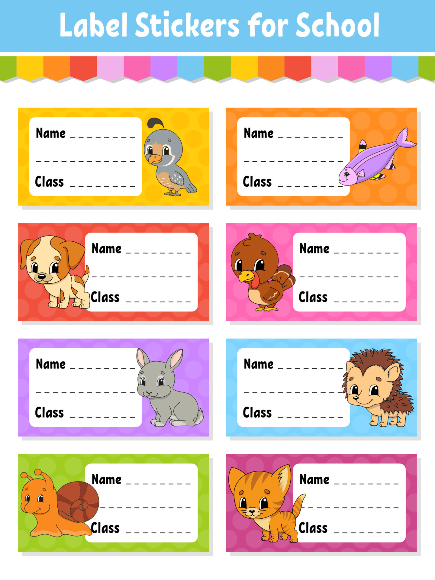 Bright stickers. Name and class. Back to school labels. Set stickers