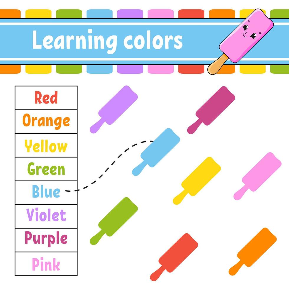 aprendiendo colores. hoja de trabajo de desarrollo educativo. página de actividades con imágenes. juego para niños. personaje divertido estilo de dibujos animados ilustración vectorial vector