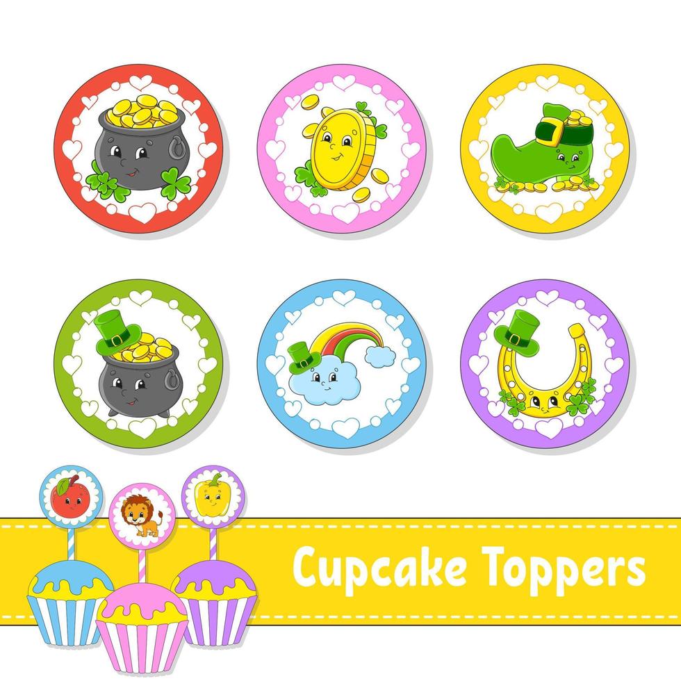 Cupcake Toppers. Set of six round pictures. cartoon characters. Cute image. For birthday, baby shower. Isolated on white background. Vector illustration.