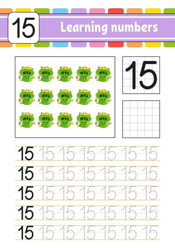 Trace and write numbers. Handwriting practice. Learning numbers for kids. Education developing worksheet. Activity page. Vector illustration.
