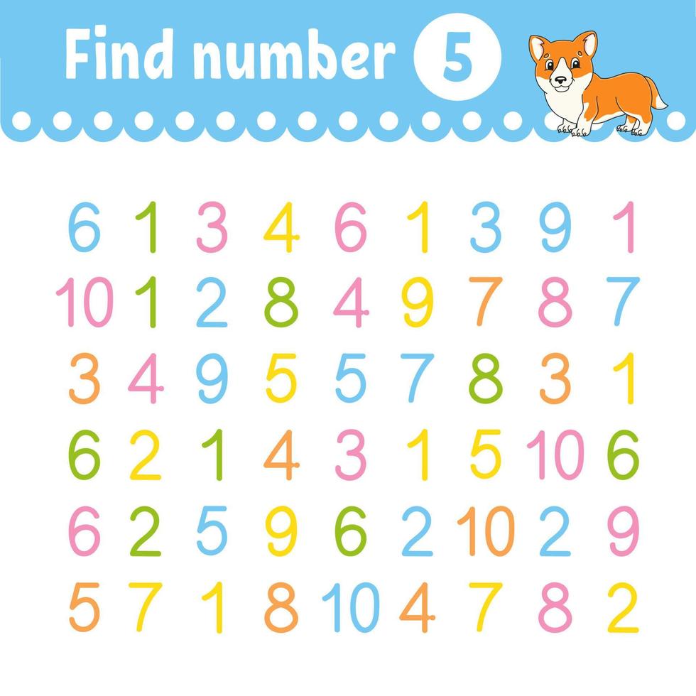 Find number. Education developing worksheet. Activity page with pictures. Game for children. Funny character. cartoon style. Vector illustration.