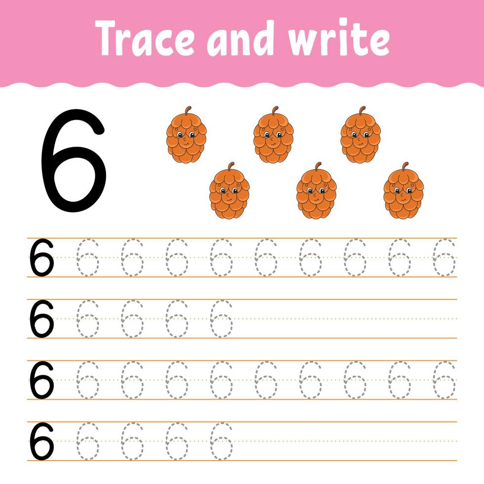 Learn Numbers. Trace and write. Handwriting practice. Learning numbers for kids. Education developing worksheet. Color activity page. Vector illustration.