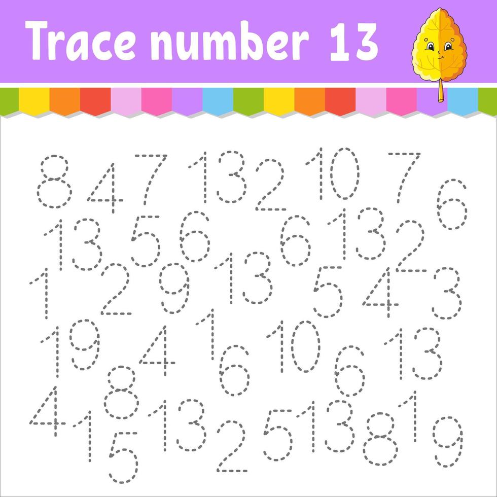 Trace number . Handwriting practice. Learning numbers for kids. Education developing worksheet. Activity page. Vector illustration.