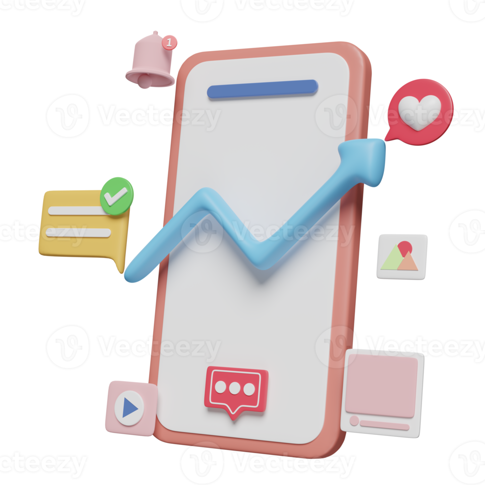 Medios sociales 3d con teléfono móvil, íconos de teléfonos inteligentes, gráfico de flechas, burbujas de chat aisladas. social en línea, concepto de aplicaciones de comunicación, ilustración de presentación 3d png