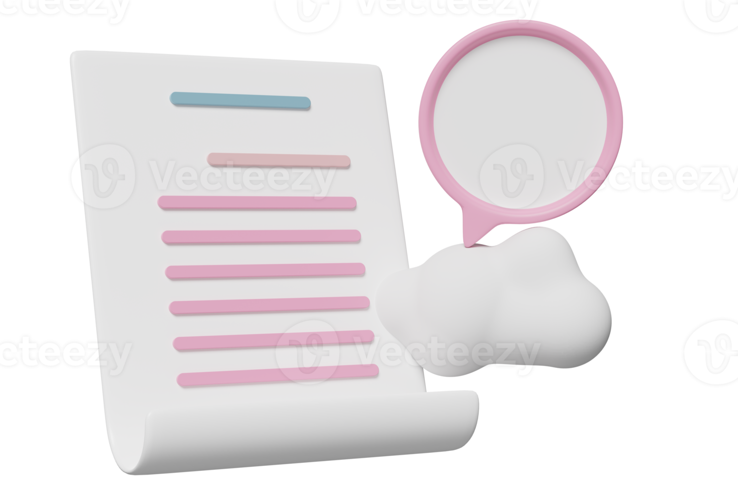 Ícone de papel de lista de verificação 3D branco com prancheta rosa, bolhas de bate-papo isoladas. conceito mínimo de mensagens de mídia social, ilustração de renderização 3D png