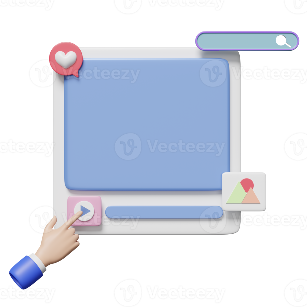 3D social media or communication online platform with play icons, search bar, photo frame, love bubbles chat isolated. 3d render illustration png