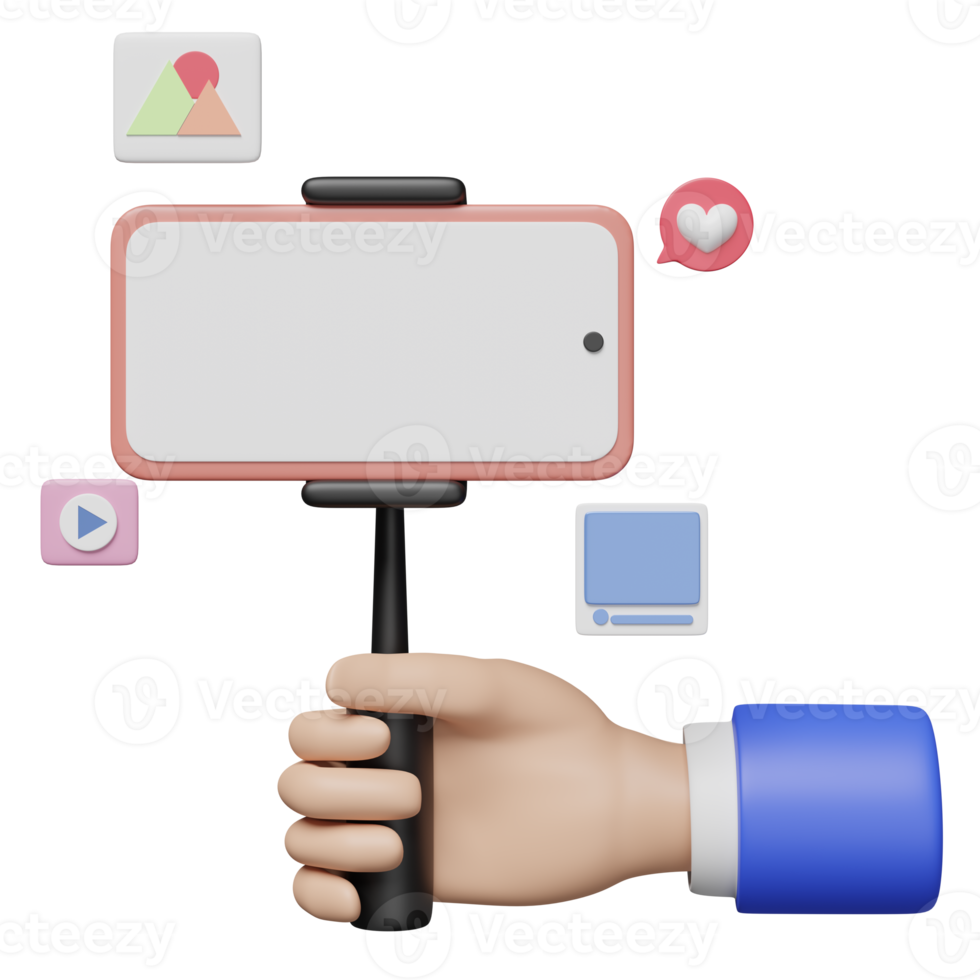 3d sociaal media met hand- Holding mobiel telefoon, smartphone, statief pictogrammen geïsoleerd. online video leven streamen, communicatie toepassingen sjabloon concept, 3d geven illustratie png