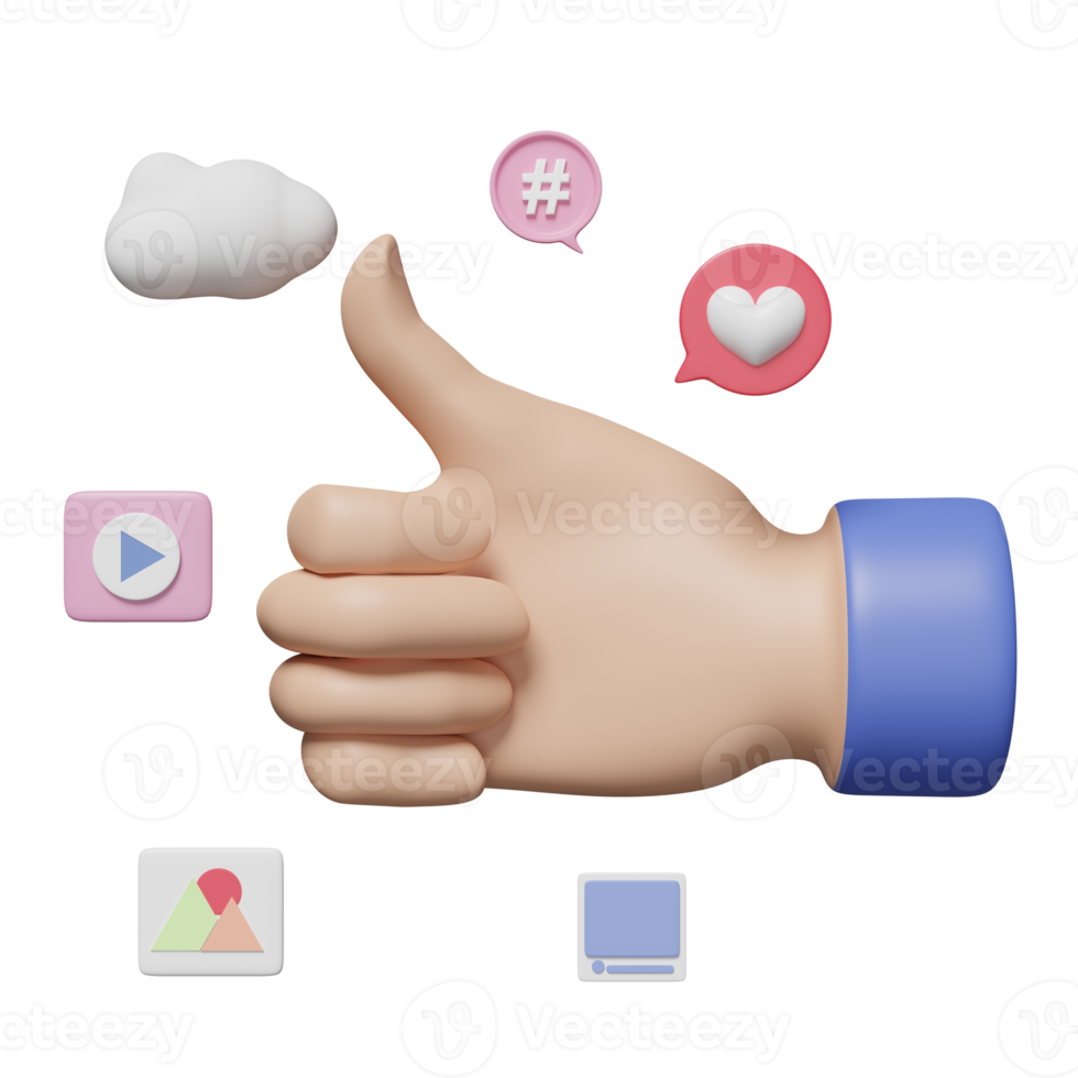 3d sociale media icone con pollici su isolato. in linea sociale piace, comunicazione applicazioni concetto, 3d rendere illustrazione png