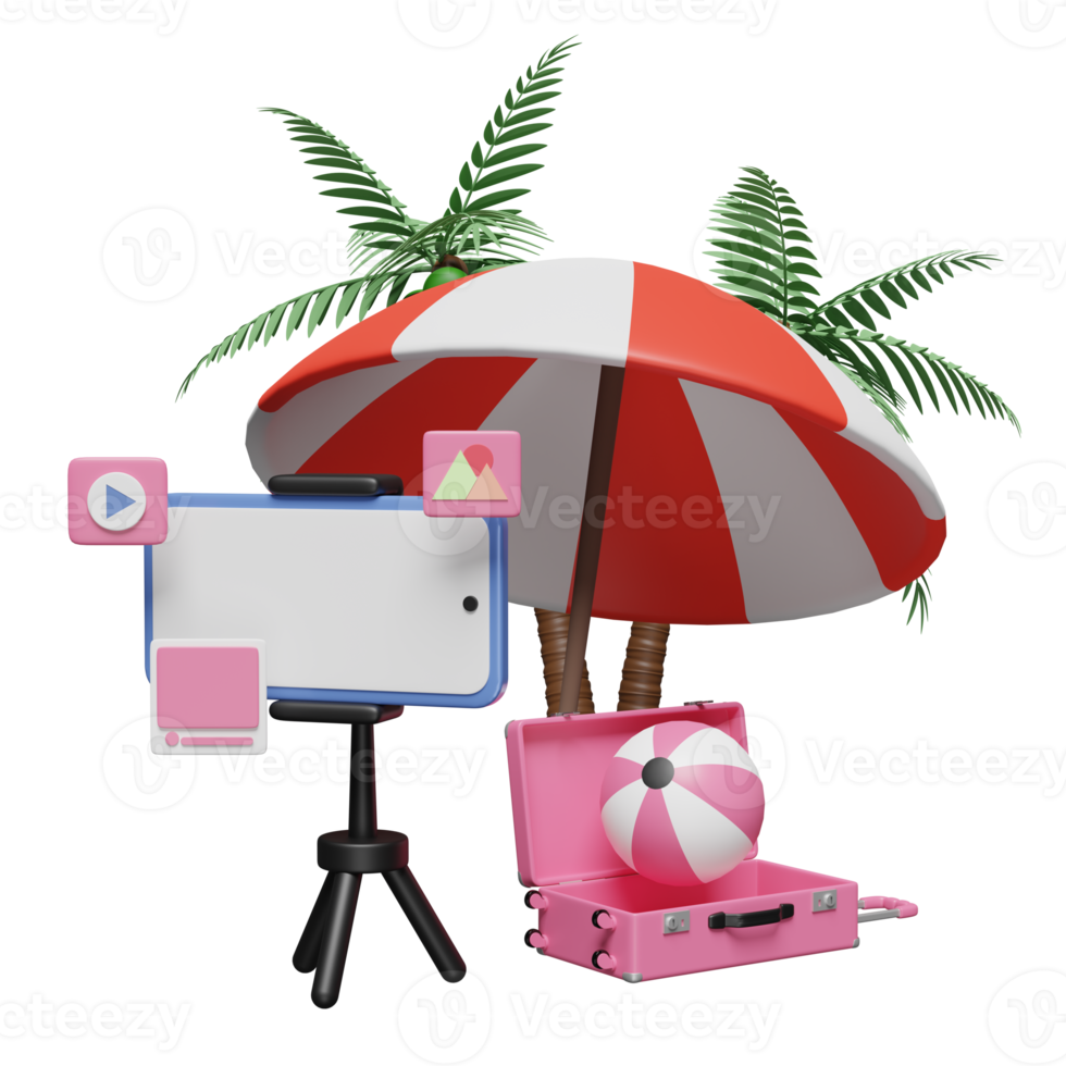 3D social media summer travel with mobile phone, smartphone, tripod, suitcase, umbrella, ball isolated. online video live streaming, notification concept, 3d render illustration png