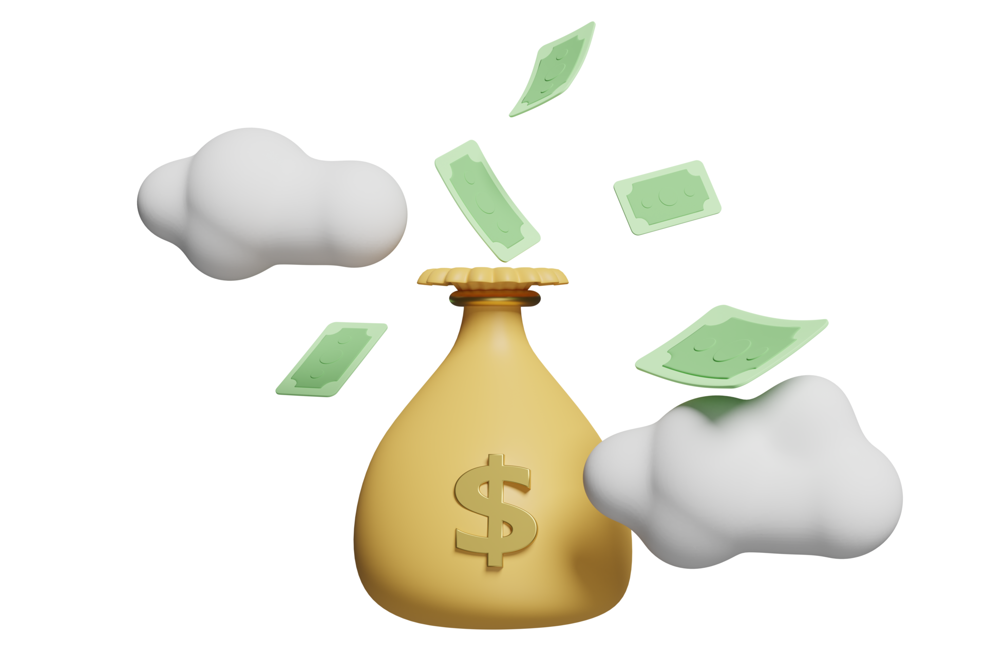 Free 3d money bags dollars with float banknote, cloud isolated. loan