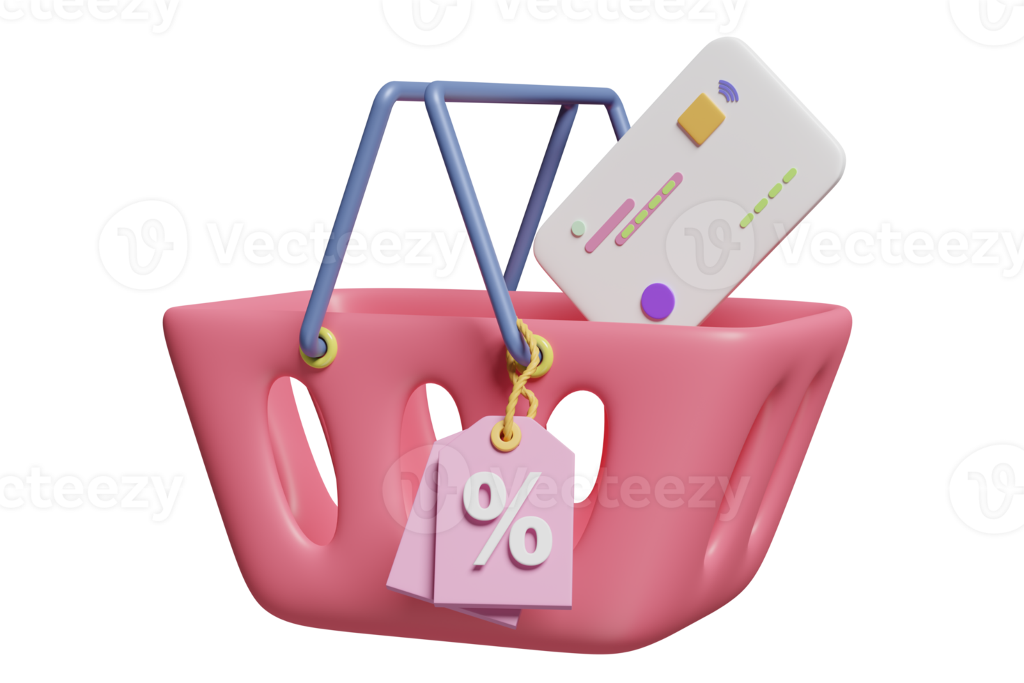 3D-Rabattverkaufssymbol zum Online-Shopping mit rosa Warenkorb, Korb, Kreditkarte, Preisschildern, Gutschein isoliert. Marketing-Werbeprämien-Konzept, 3D-Darstellung png