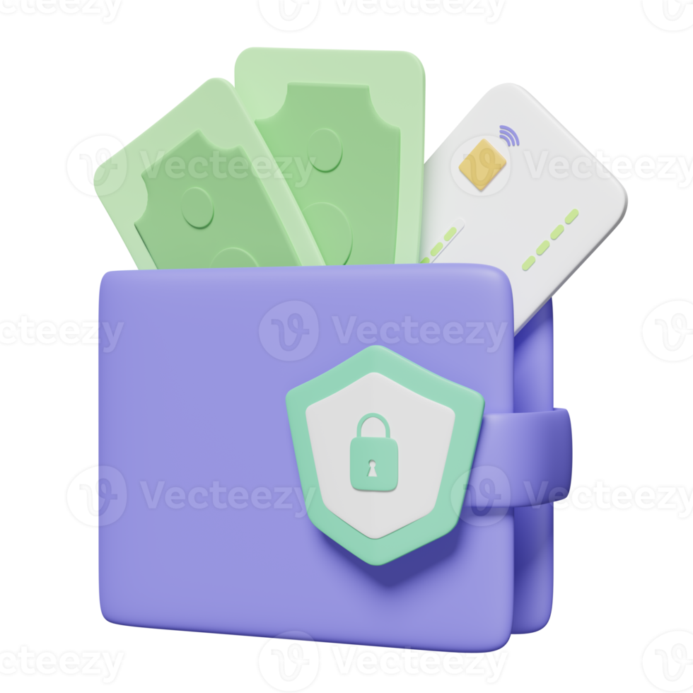 icono de billetera 3d con escudo, tarjeta de crédito, billete de dólar aislado. ahorro de dinero, concepto de protección de negocios financieros, ilustración de renderizado 3d png