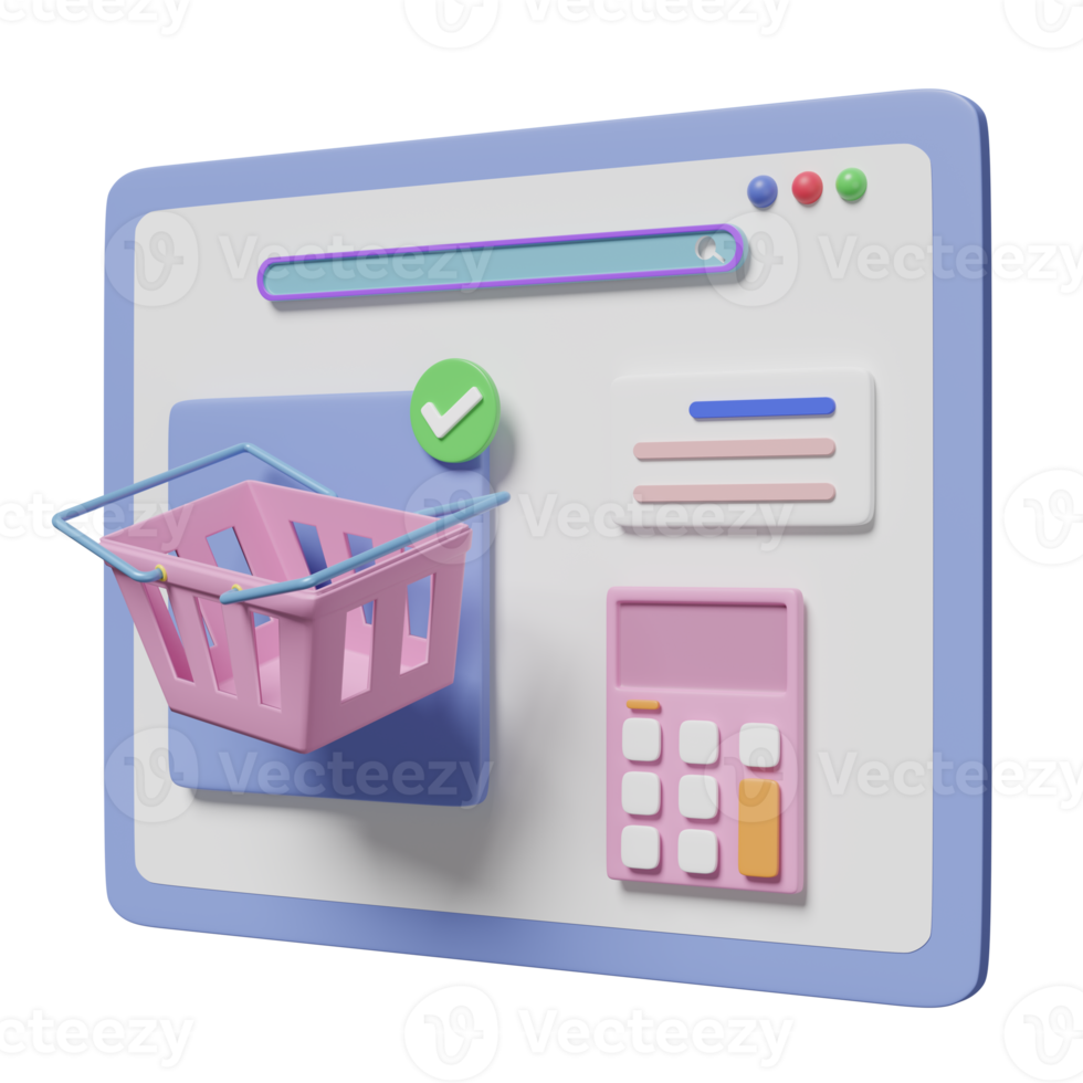 Tableta 3d con icono de barra de búsqueda de concepto de compra en línea, cesta, carro, calculadora aislada. marketing en línea, estrategia empresarial, ilustración 3d png