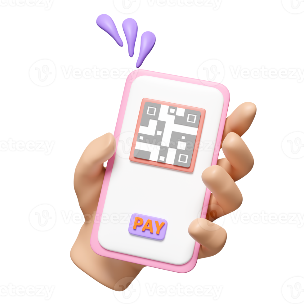 3d hand holding mobile phone, smartphone with qr code scanner, pay label tag isolated. cashless payment, online shopping concept, 3d render illustration, clipping path png