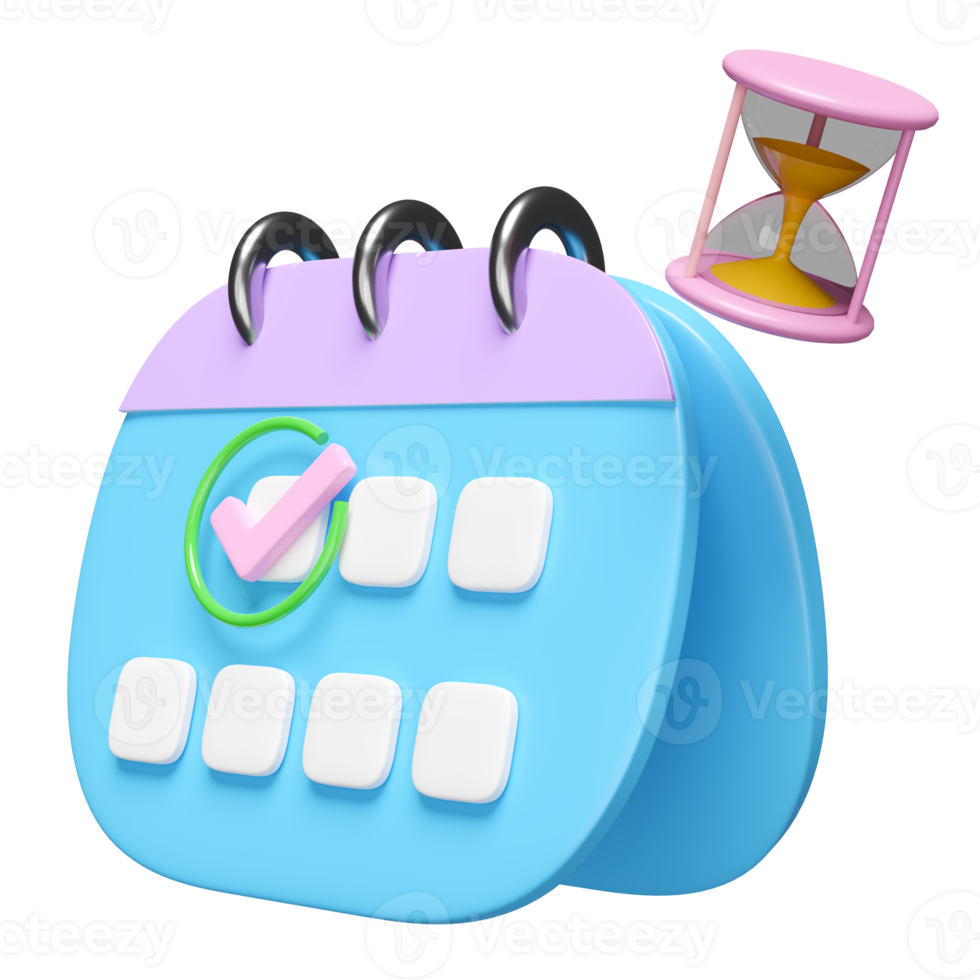 3d calendar with hourglass, checkmark icons, marked date isolated. schedule appointment concept, 3d render illustration png