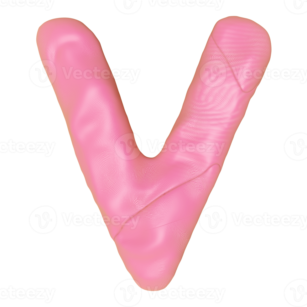 V letter logo design from plasticine isolated. pink V clay toy icon template elements concept, 3d illustration render png