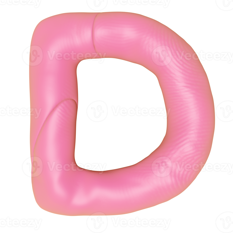 D letter logo design from plasticine isolated. pink D clay toy icon template elements concept, 3d illustration render png