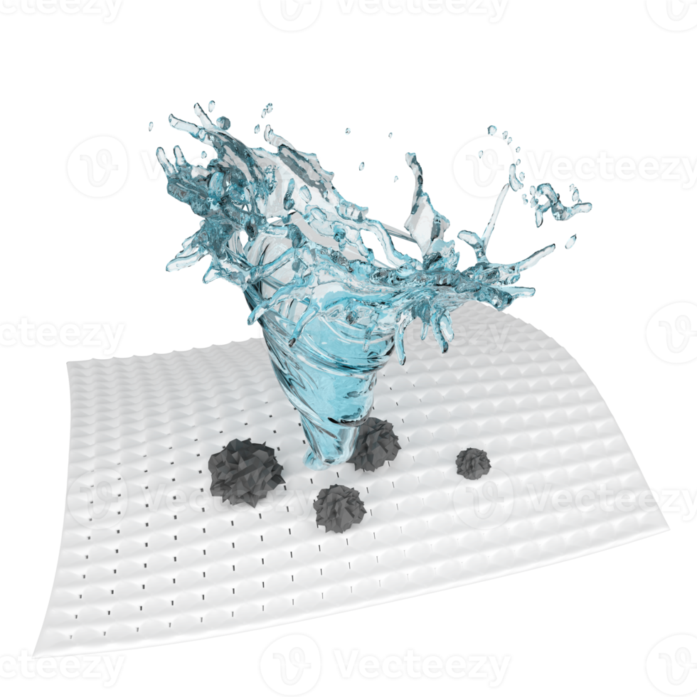 muestra el lavado con un remolino, vórtice, agua girando sobre la superficie de fibra de tela, ilustración publicitaria 3d limpia con polvo de lavado, detergente líquido, presentación 3d png